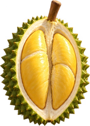 Golden durian flesh in an open shell